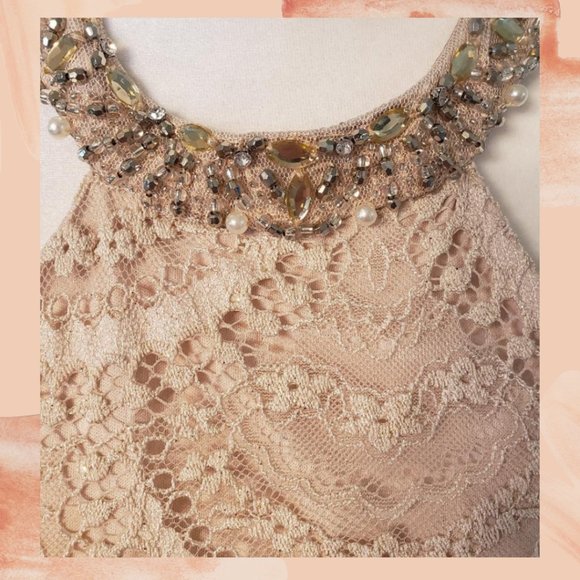 Sequin Hearts Dresses Cream Lace High Neck Full Length Formal Prom